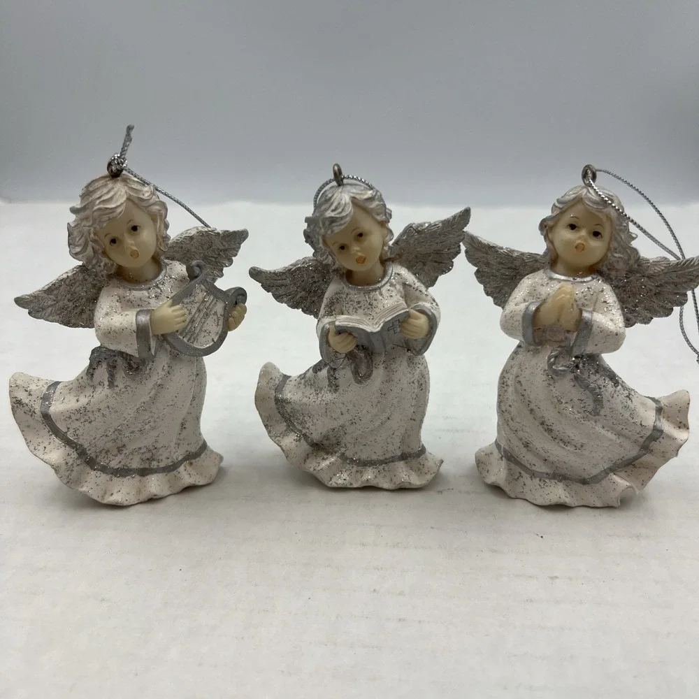 Homeco Silver and White ANGEL ORNAMENTS Set of 3 Home Interior 54037